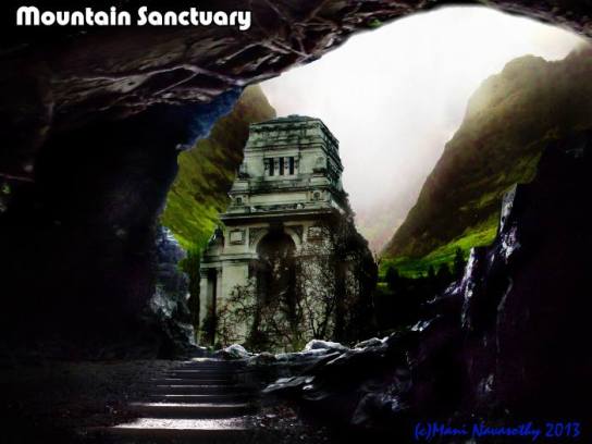 Mountain Sanctuary - art (c) Mani Navasothy2013.  Photos of locations in London, Croydon & Cornwall graphcally worked to create this.