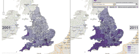 UK Census comparison  (2001 & 2011) for  `Any other religions'  in England & Wales   (c)ONS
