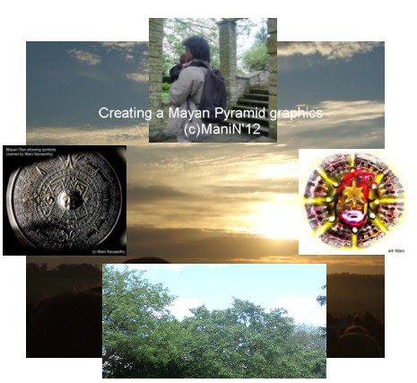 Photos of a metal Maya Calender Dish, Tree in Croydon, Masked face & an outdoor garden (steps) in Surrey were used for  creating the Maya landscape.